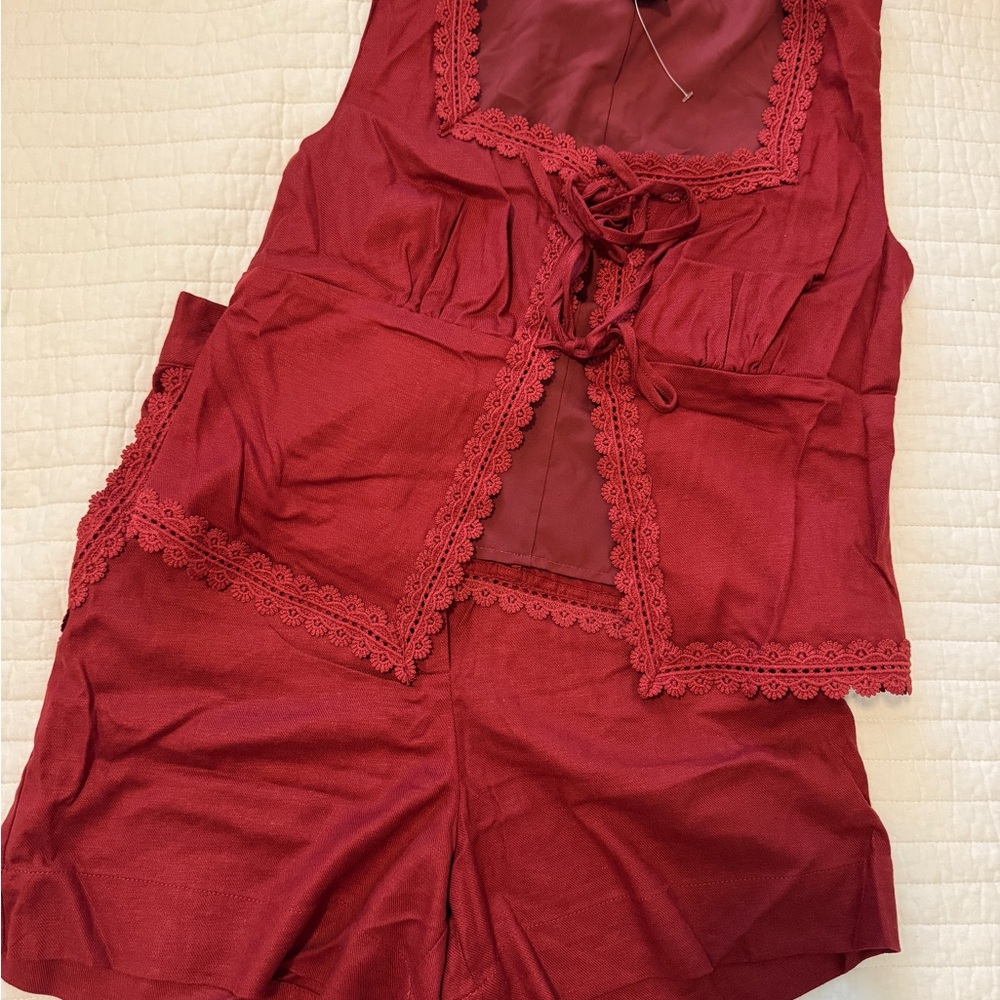 Elegant Red Lace Trim Sleepwear Set
